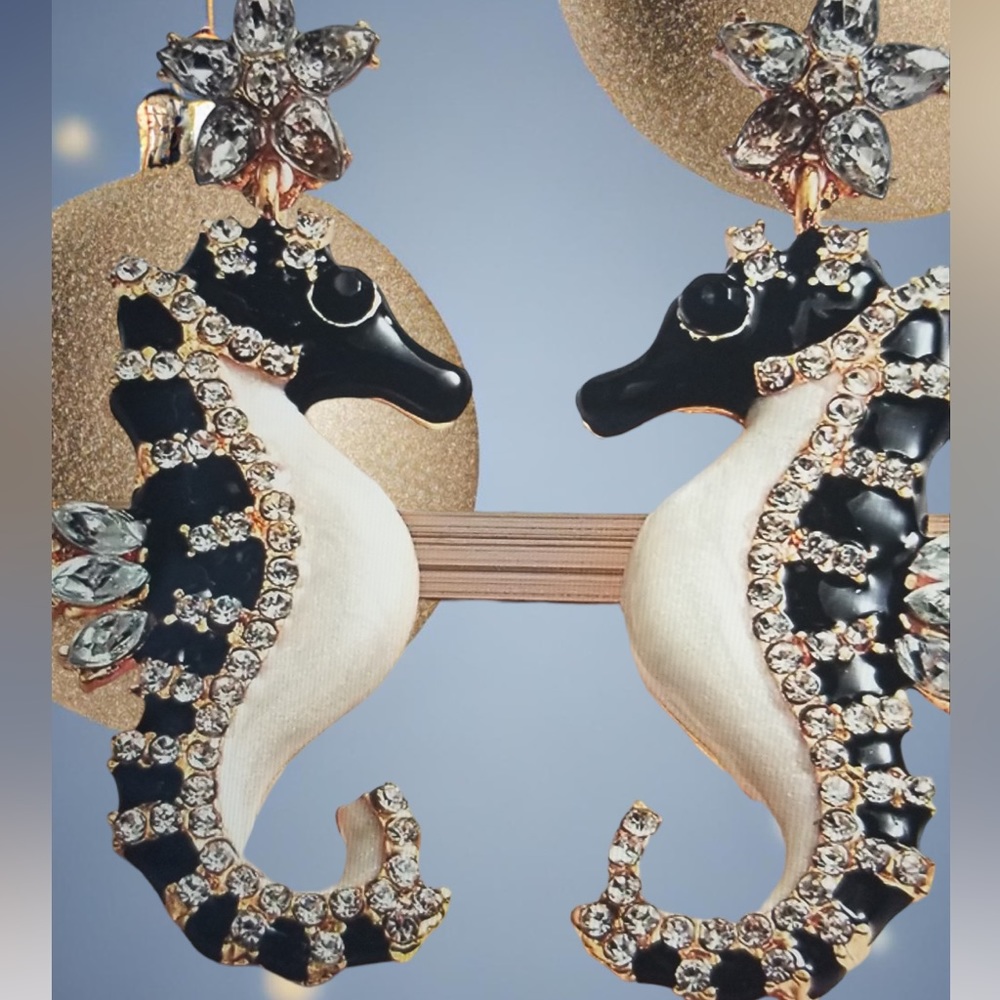Black Crystal Seahorse Dangle Earrings